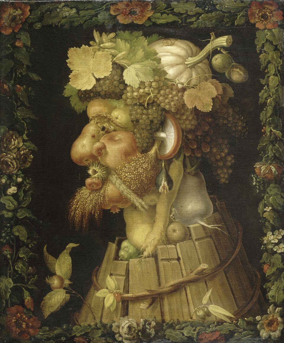 Autumn — The Four Seasons — Harvest produce assembles into an autumnal face.