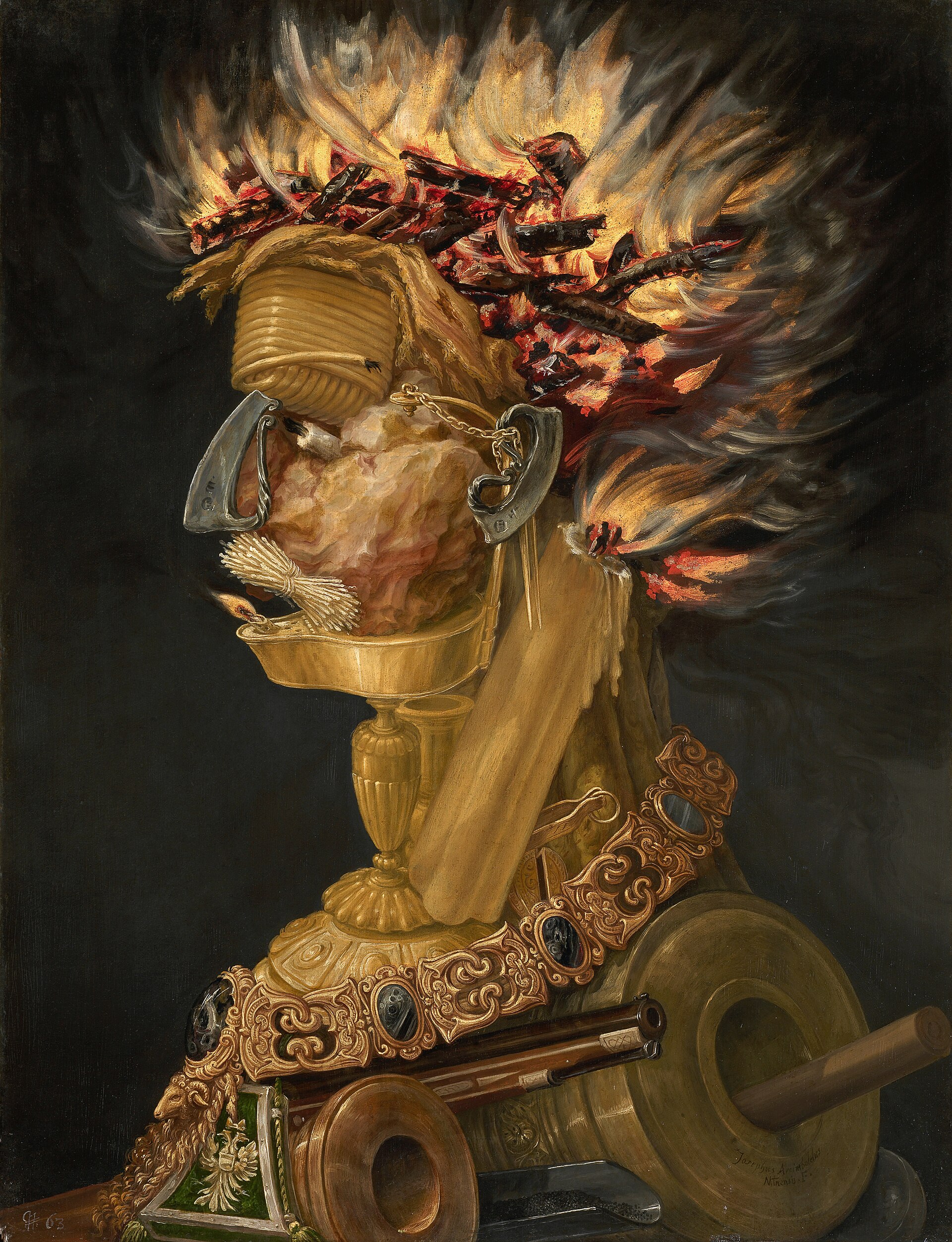 Fire — The Four Elements — Fire-making tools assemble into a human profile.