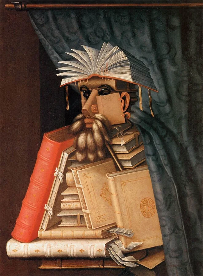 The Librarian — A learned figure assembled from books and the equipment of reading.