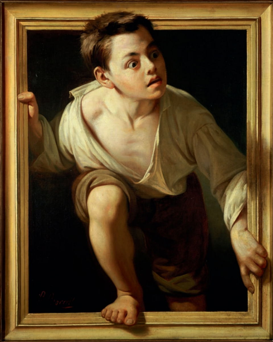 Escaping Criticism — A boy appears to climb out of the picture frame.