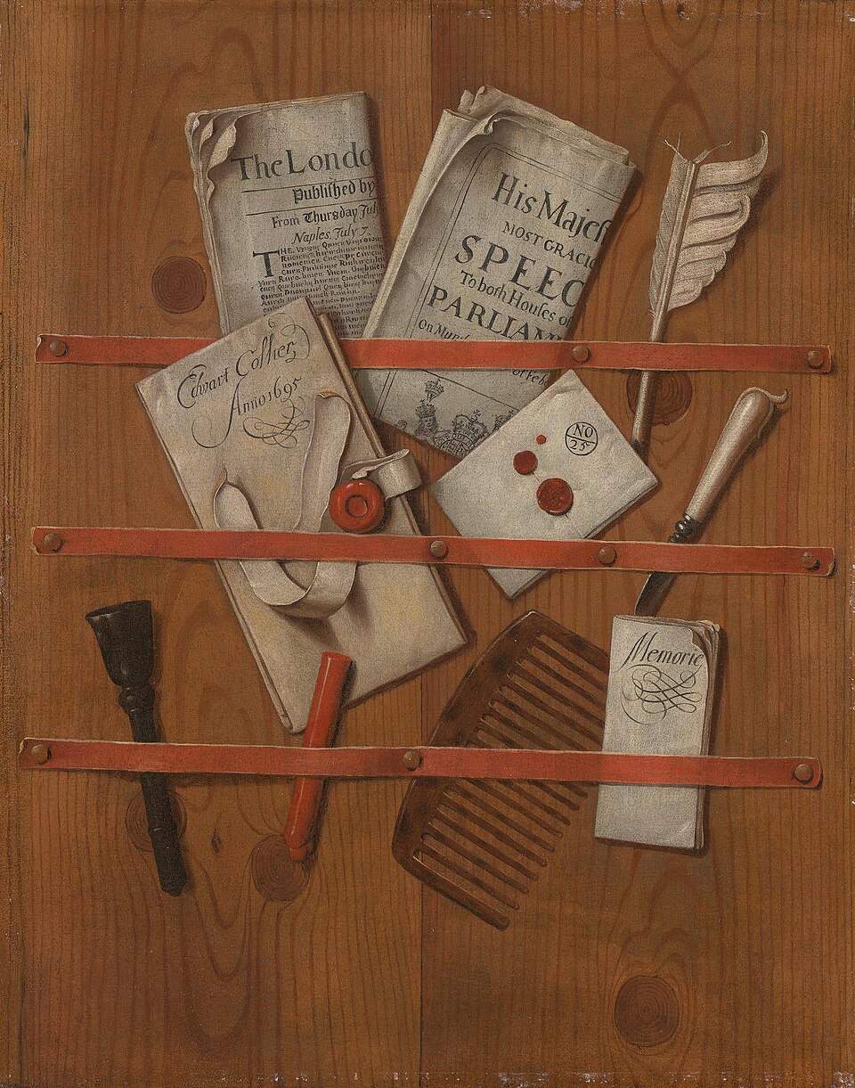 Letter Rack — News, letters, and writing equipment seem pinned to a wooden board.