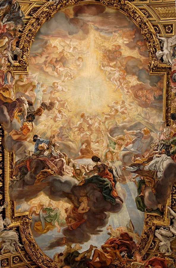 Triumph of the Name of Jesus — Figures and clouds appear to overflow the ceiling’s golden frame.