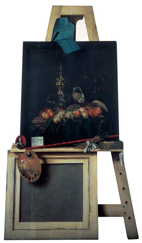 Trompe-l’œil Easel with a Fruit Still Life — A cut-out painting imitates an easel supporting another painting.