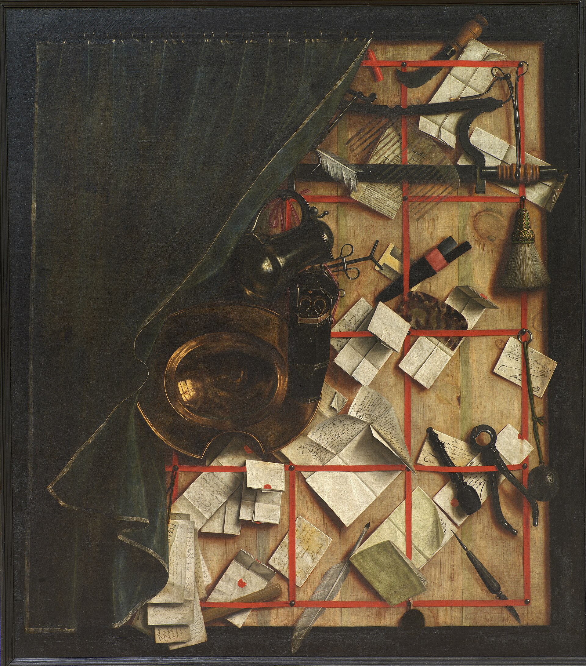 Letter Rack with Barber-Surgeon’s Instruments — Letters and instruments seem to hang in front of the painted surface.