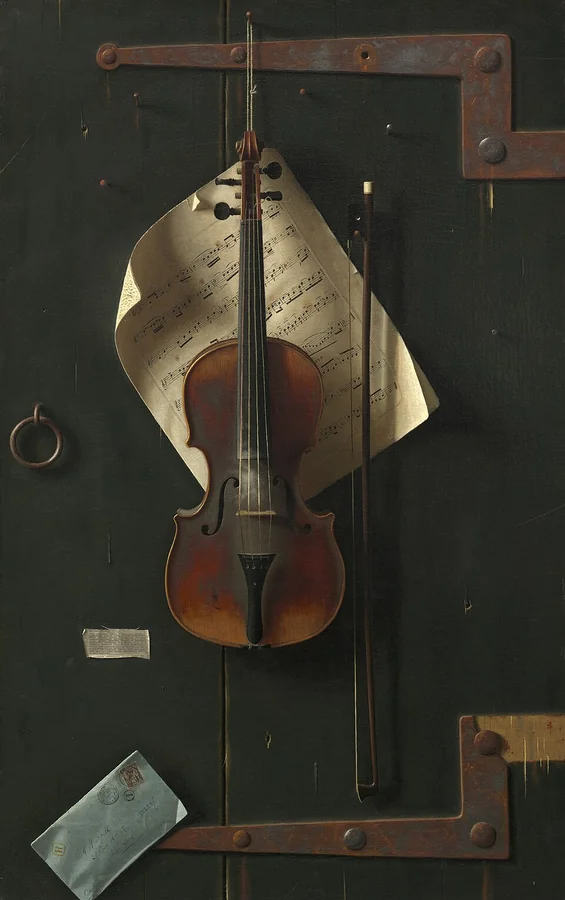 The Old Violin — A violin and scraps of paper seem to hang on a wooden door.