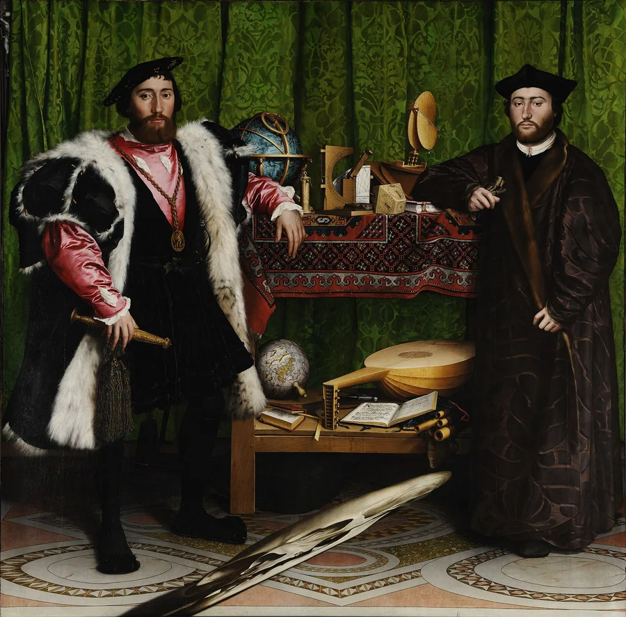 The Ambassadors — A double portrait with a skull that emerges from an oblique view.