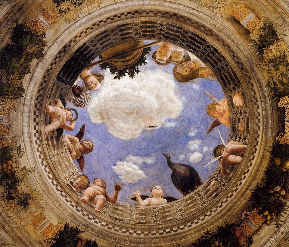 Oculus — Camera degli Sposi — A ceiling seems to open onto the sky, with figures peering down.