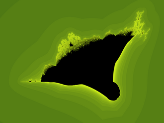 Burning Ship Fractal — A variation of complex iteration produces forms reminiscent of ships and towers.