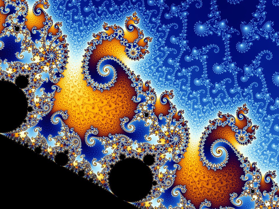 Mandelbrot Boundary Detail — A close view reveals spirals, branching filaments, and smaller structures.