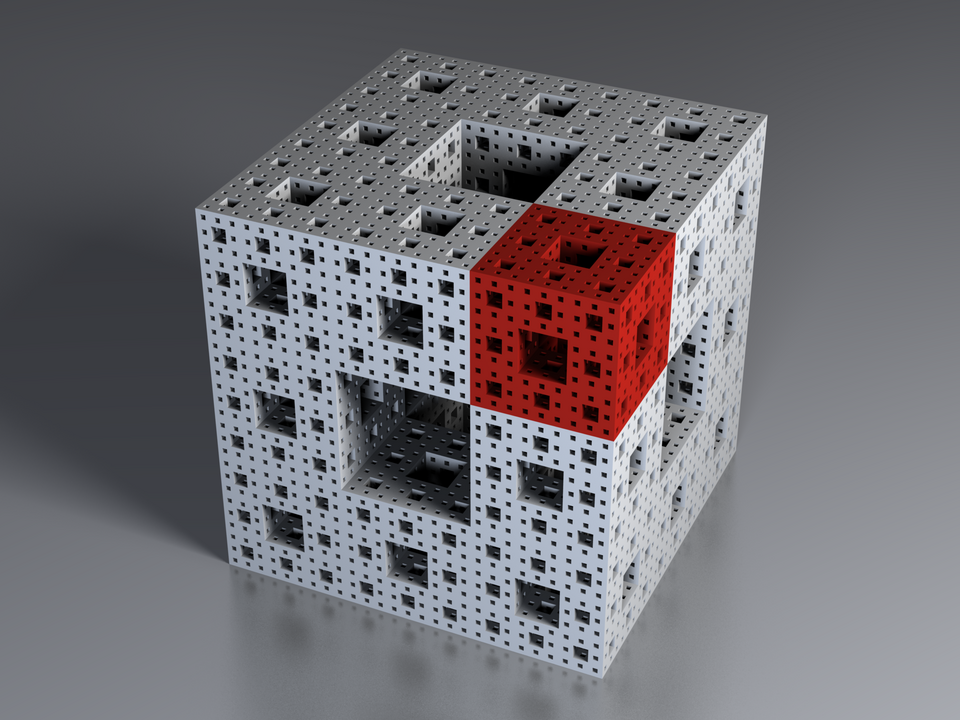 Menger Sponge — A cube is hollowed into a three-dimensional web of repeated openings.