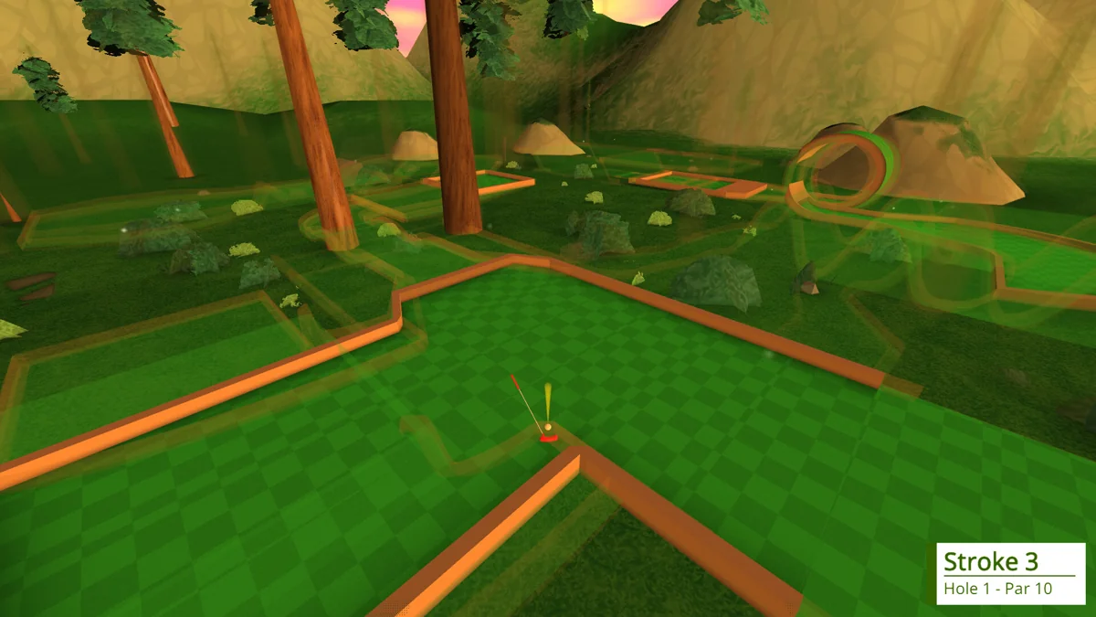 Green miniature golf course with ramps and trees in 4D Golf.