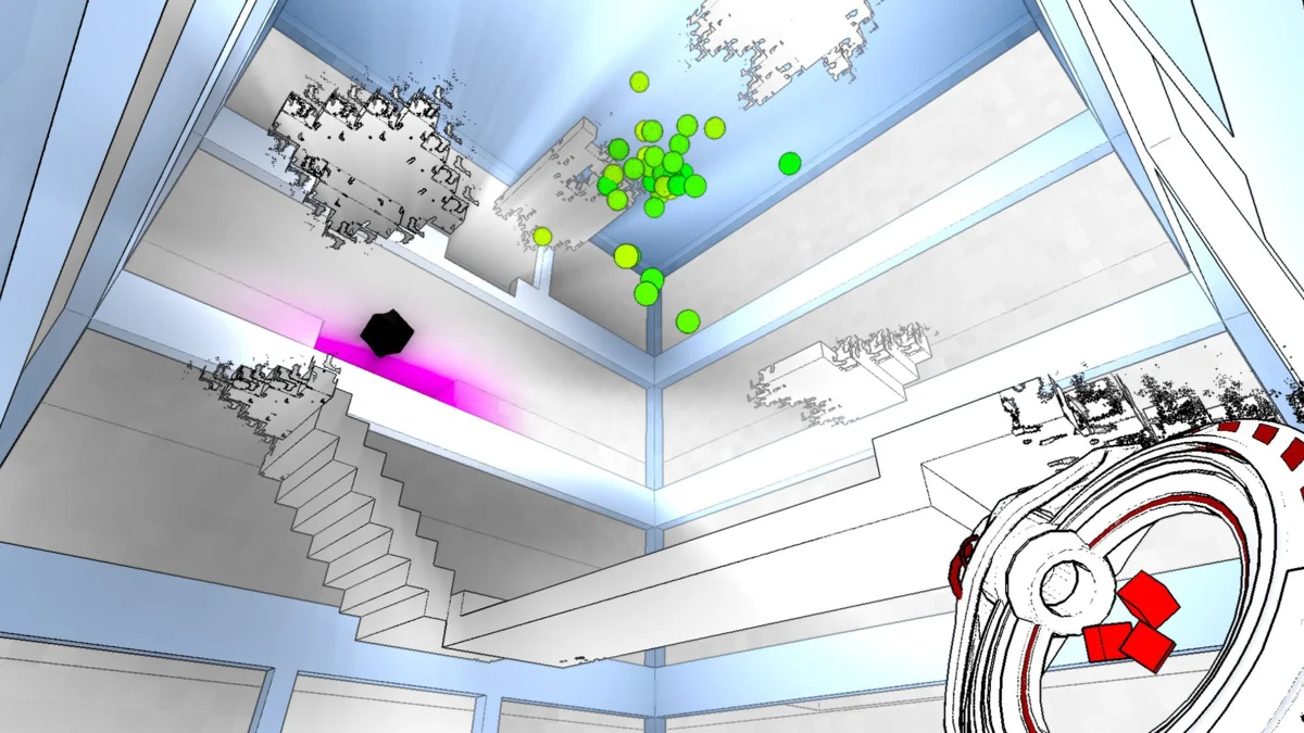 A white room with branching paths, colored objects, and the player’s cube gun.