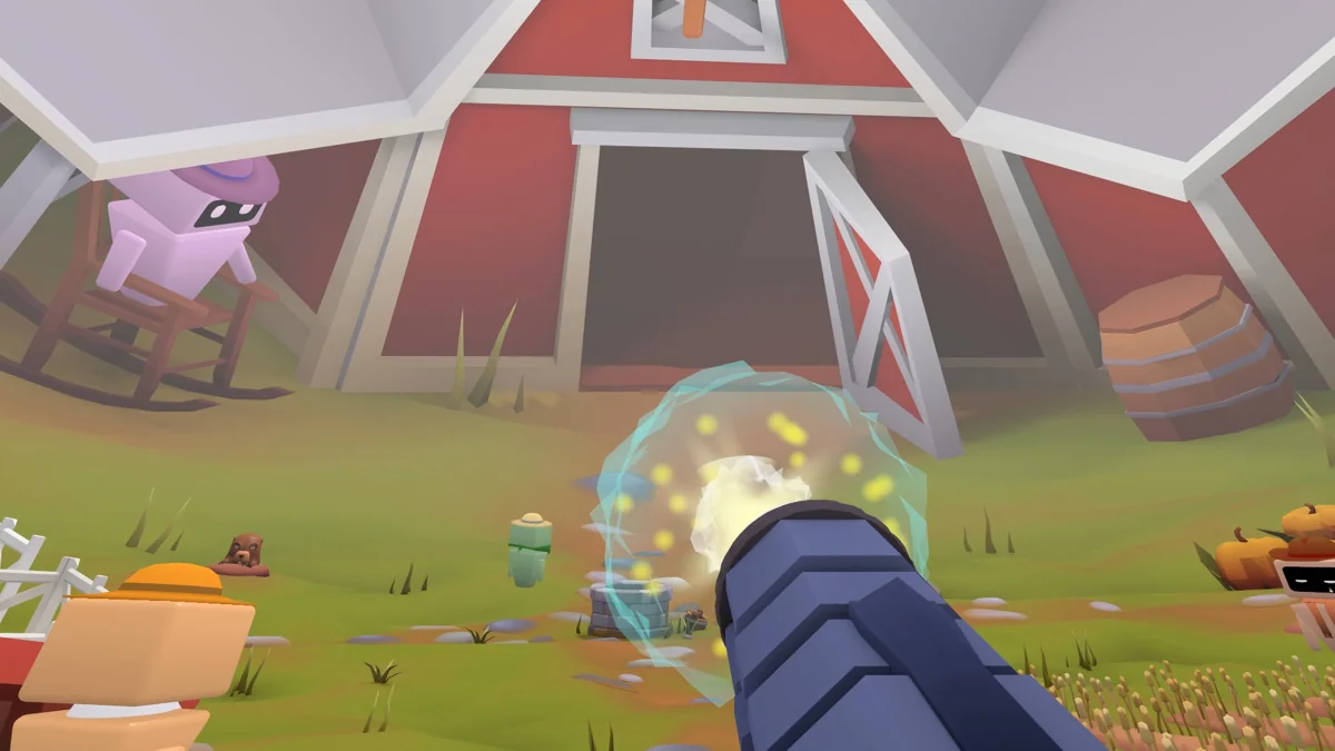 A cartoon courtyard that bends with curved-space geometry.