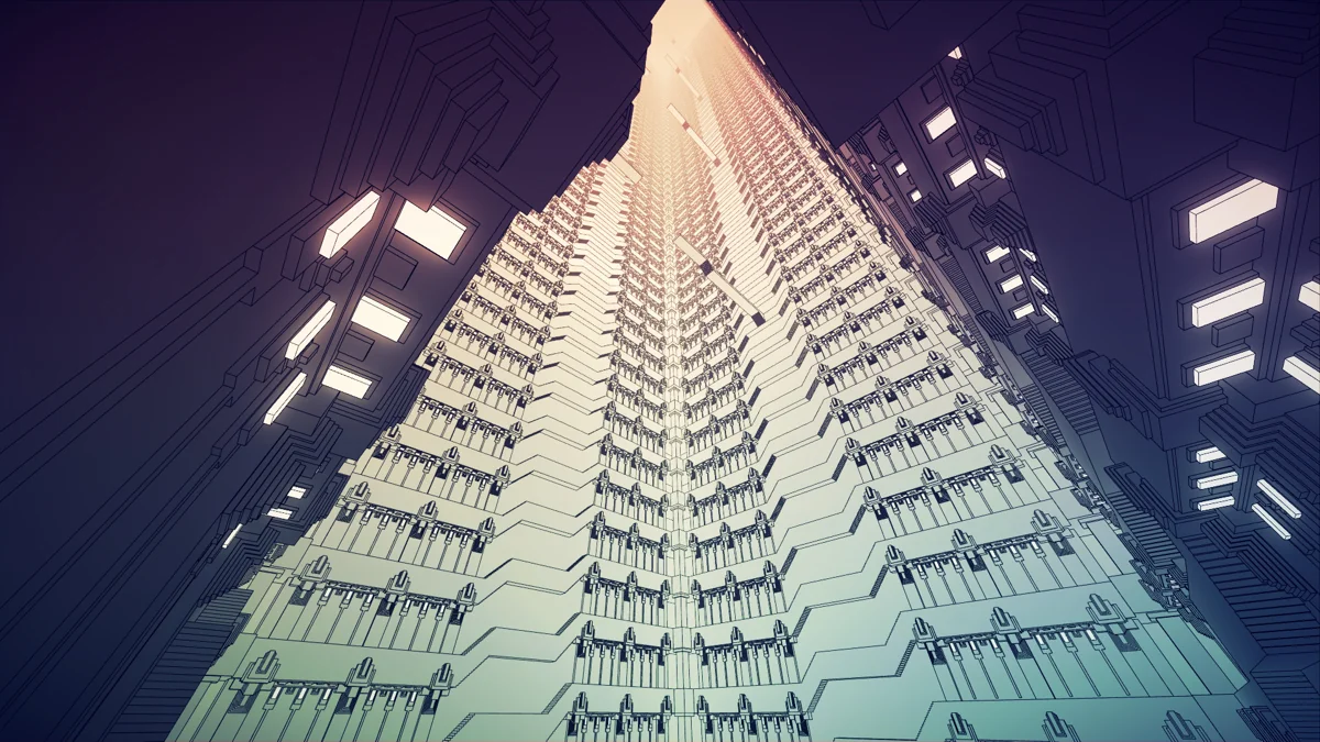 Repeated white architectural forms extending through an immense interior.