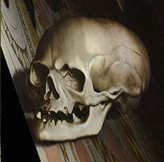 A close view of the skull in The Ambassadors from an angle that makes its distorted shape recognisable.