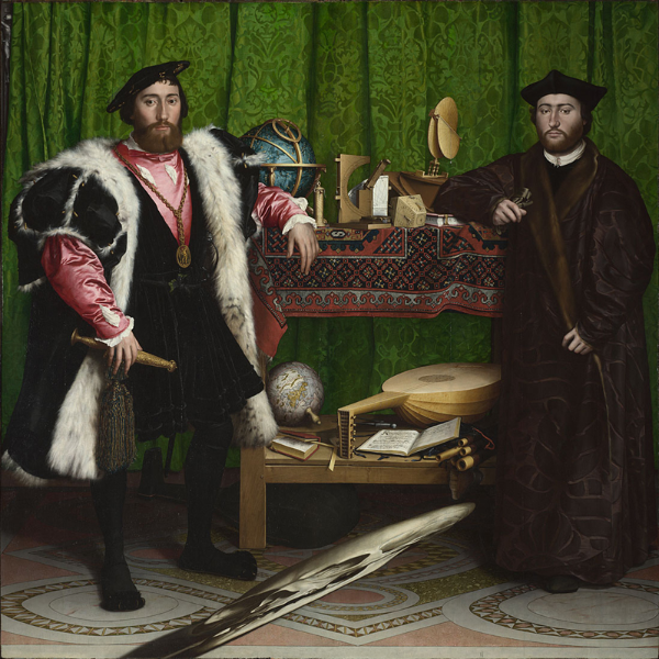 The Ambassadors by Holbein, with two men, scientific instruments and a stretched skull on the floor.