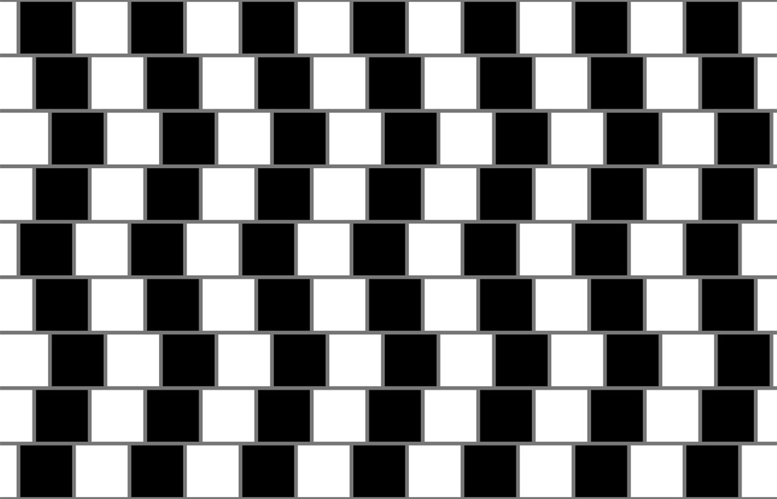 Offset rows of black-and-white tiles separated by grey mortar lines in the Café Wall illusion.