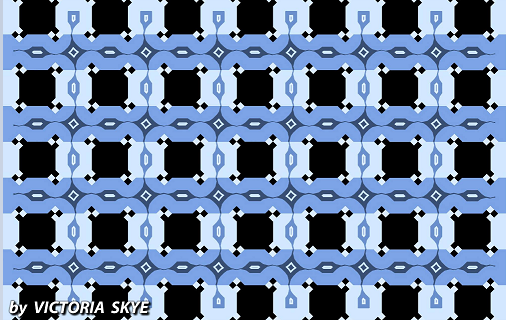 A blue-and-black patterned variation of the Café Wall illusion, credited in the image to Victoria Skye.
