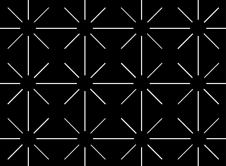 White radial line segments leave circular gaps on black in a reversed Ehrenstein pattern.