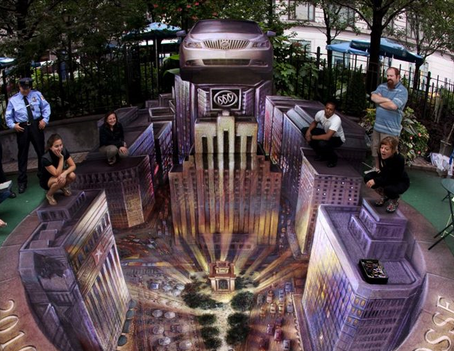 People stand around a pavement painting of a deep, geometric architectural space at Herald Square.