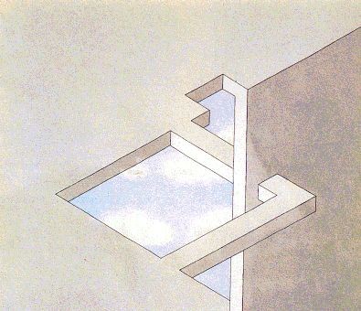 A pastel drawing of an open architectural frame with incompatible corner connections.
