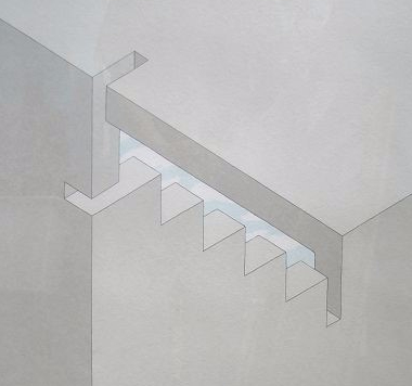 A grey drawing of a stairway and wall joined through an impossible corner arrangement.