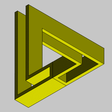 An animated olive-coloured triangular arrangement of beams with impossible connections.