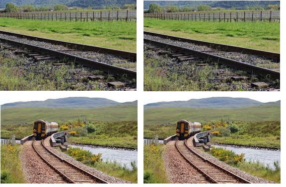 Repeated railway photographs arranged in a two-by-two grid, with tracks receding into the distance.