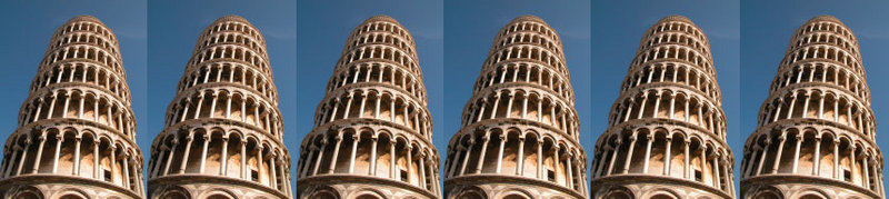 A row of repeated Leaning Tower of Pisa photographs used to compare apparent lean.