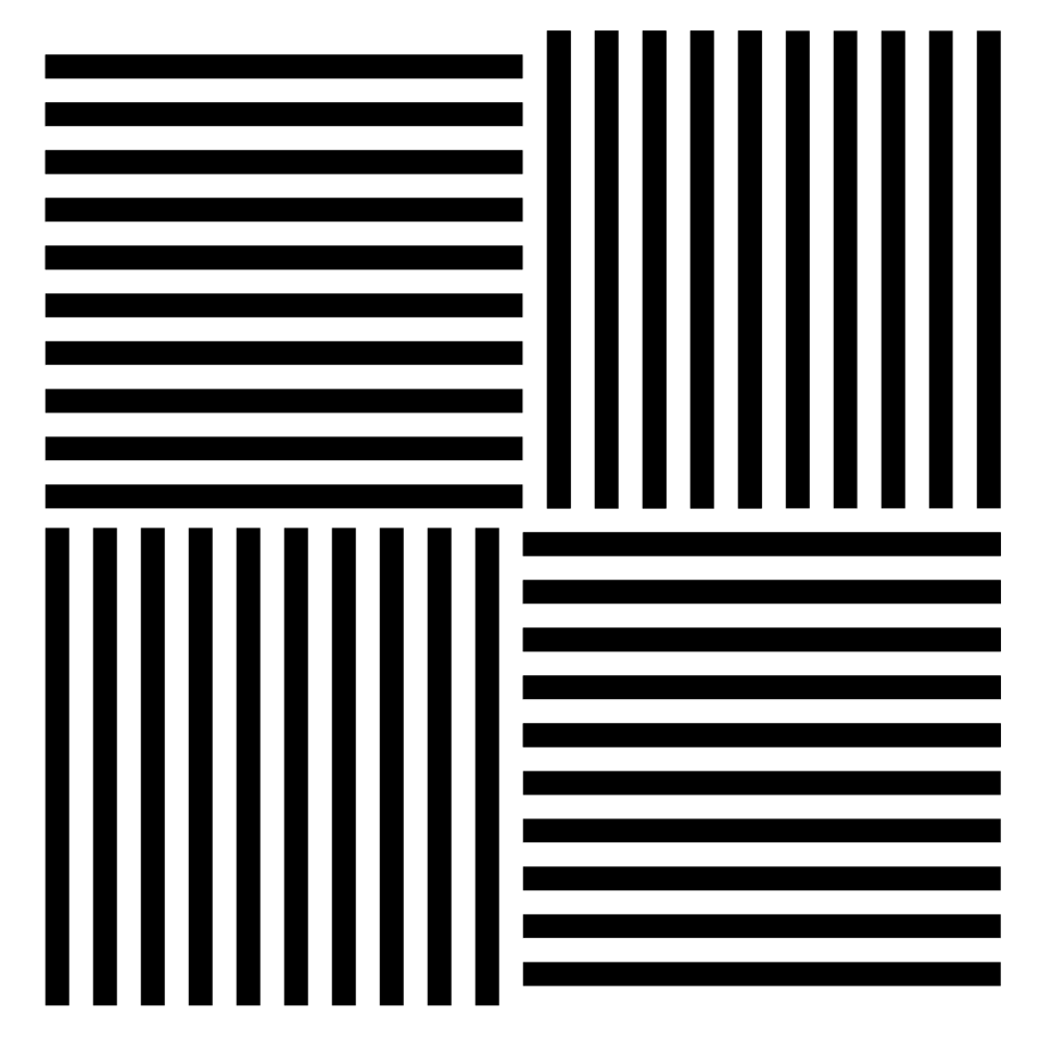 Four black-and-white striped squares with alternating horizontal and vertical orientations, used in the McCollough effect.