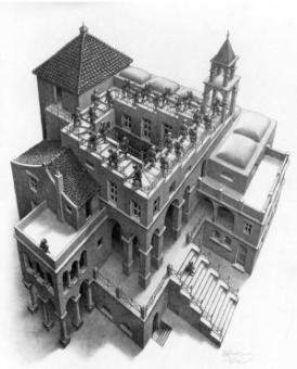 Escher’s Ascending and Descending: figures walk around a rooftop stairway that appears to loop endlessly upwards or downwards.