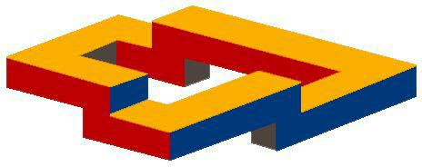 A red, yellow and blue impossible staircase drawn as a continuous angular loop.