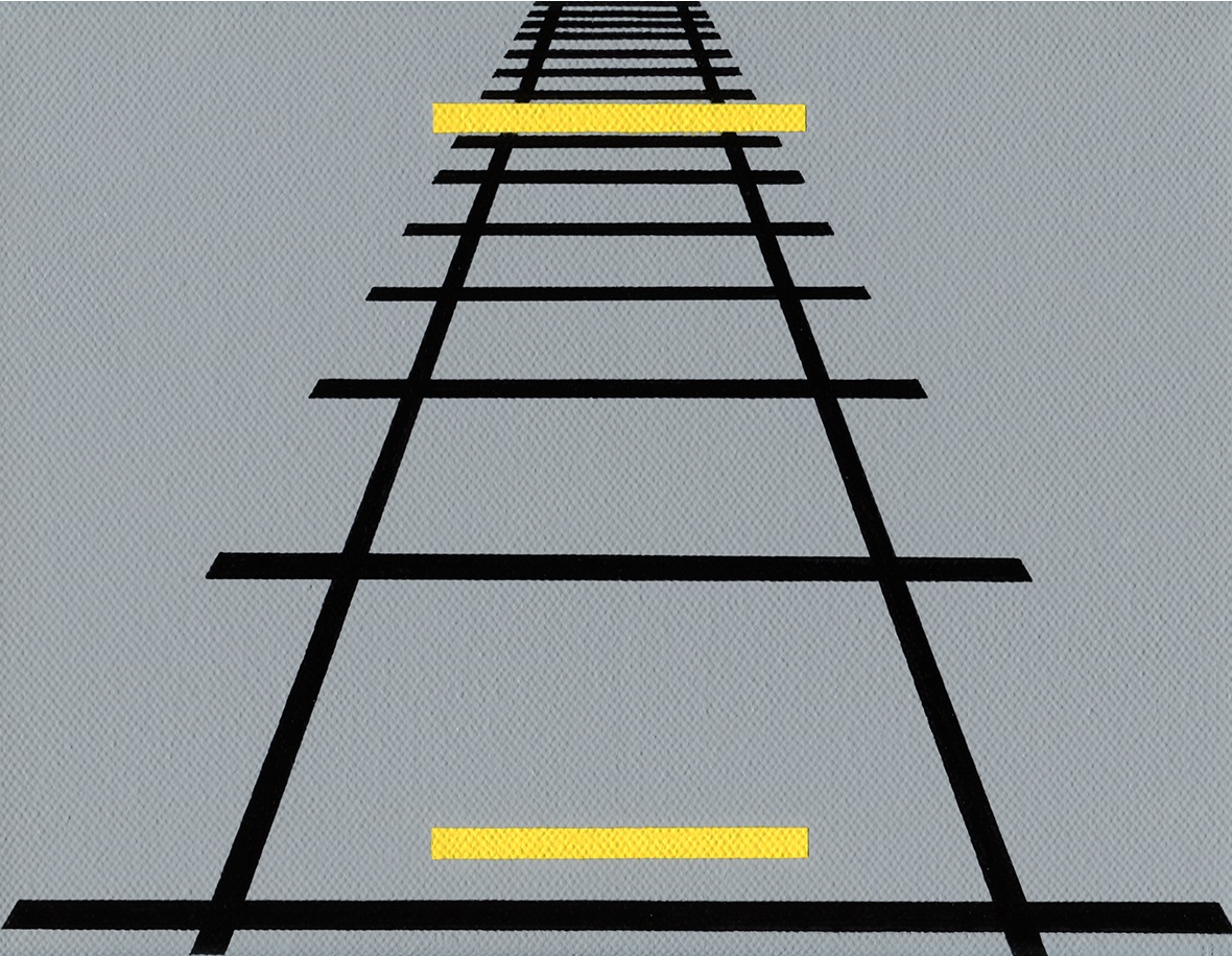 Two yellow bars cross railway tracks that converge into the distance in the Ponzo illusion.