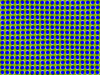 Rows of blue discs with yellow-and-black borders against a green background create an apparent motion pattern.