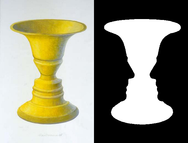 Rubin's Vase Ambiguous Figure: The figure in the image can appear as a vase or two faces directly opposite one another.
