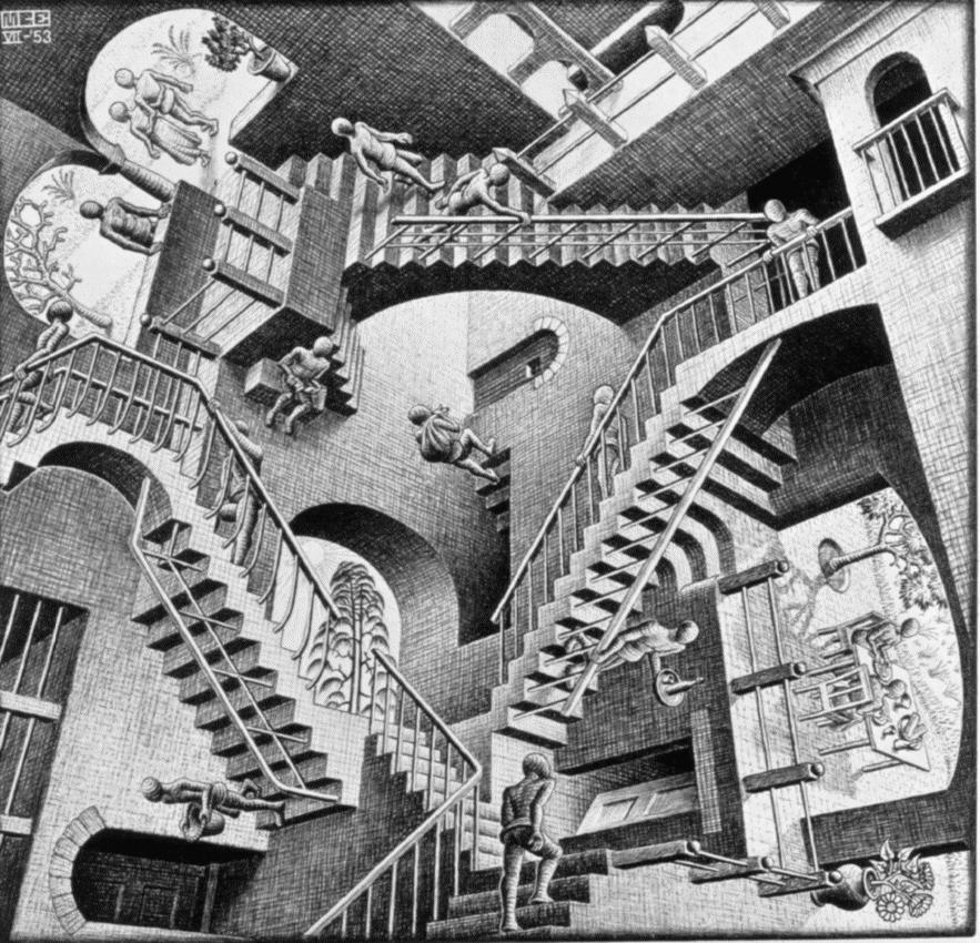Another view of Escher’s Relativity, with interconnected stairs and figures on differently oriented floors.