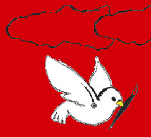A white dove and an outlined cloud against a red field, used in a colour-adaptation demonstration.