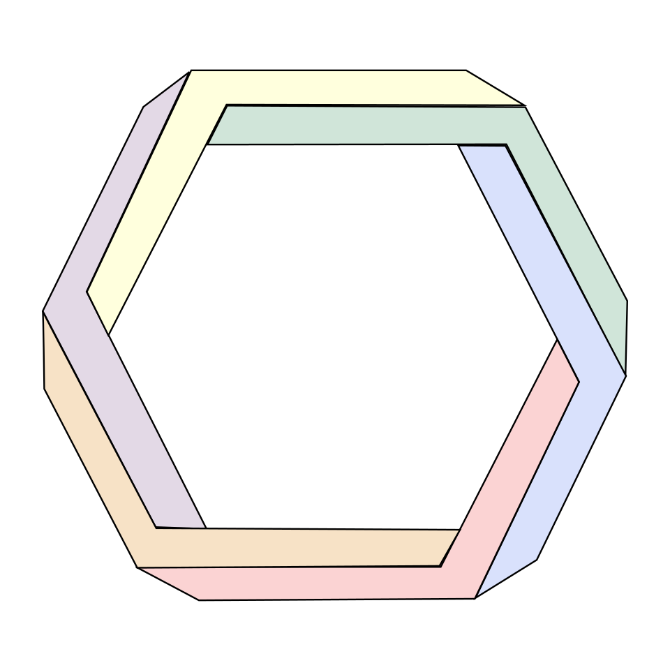 Impossible hexagon — A six-sided beam loop carries impossible depth around its perimeter.