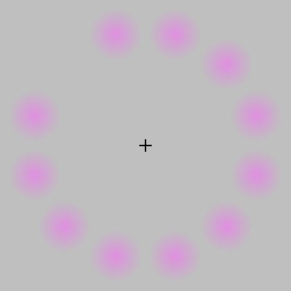 A ring of magenta spots around a central cross, with one spot missing in each frame.