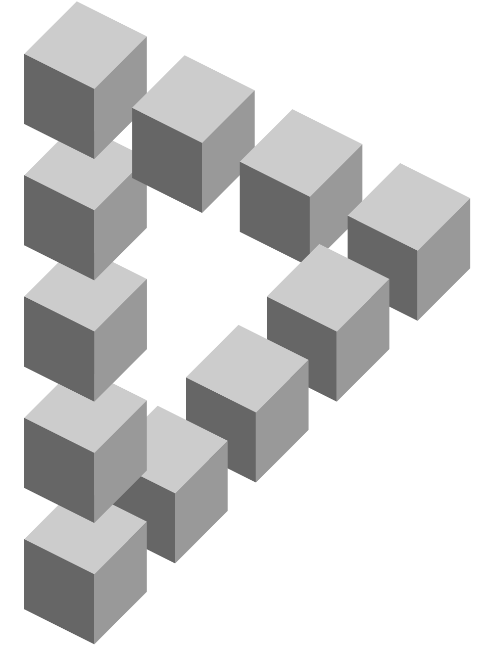 Trimetric cube triangle — A tribar is assembled from blocks in a trimetric view.